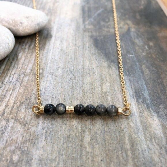 Grey Onyx Stone Bar Necklace Gold - Picture 2 of 5